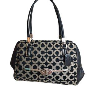 COACH Madison Madeline East West Signature Logo Canvas Bag Black Tan Plum 25638